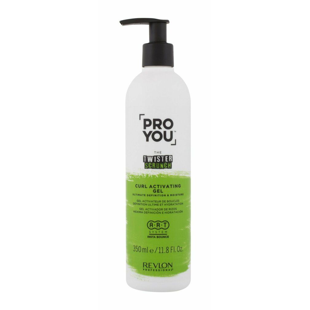 Weißer Flakon mit schwarzem Pumpkopf. Aufschrift: PRO YOU, THE TWISTER SCRUNCH, CURL ACTIVATING GEL. Grüne Akzente. 350ml/11.8 Fl. Oz. Revlon Professional.