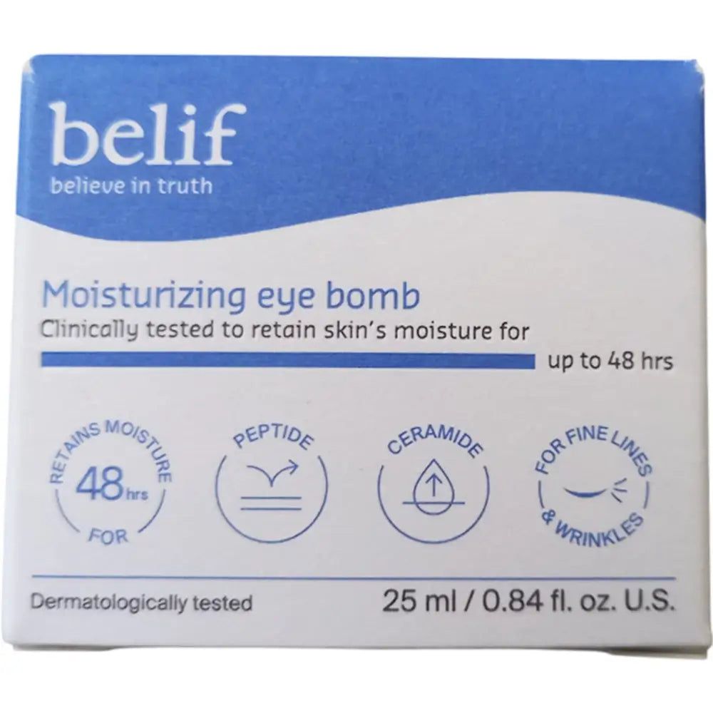 Blaue Verpackung mit Produktinformationen. Aufschrift: belif, Moisturizing eye bomb, 25 ml / 0.84 fl. oz. U.S.
