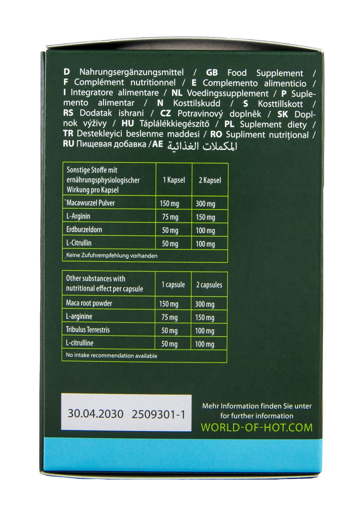 Rückseite der Verpackung mit Nährwertangaben zu MORINGA + MACA. Enthält Inhaltsstoffe pro Kapsel.