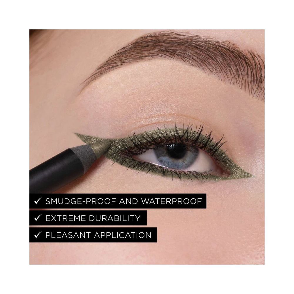 Auge mit grünem Eyeliner. Ein Stift wird verwendet, mit Text: Smudge-proof and waterproof, Extreme durability, Pleasant application.