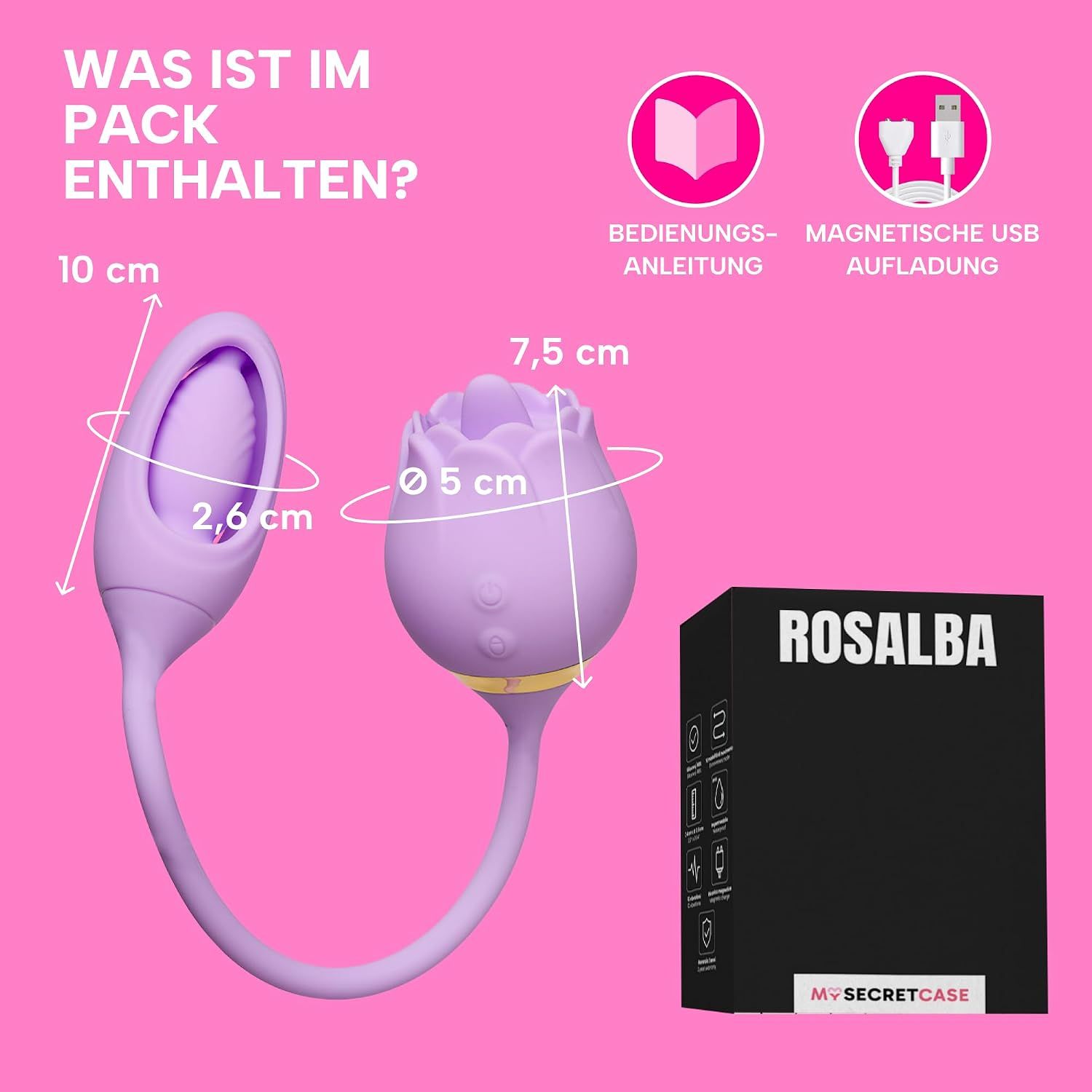Lila Vibrator in Rosenform, 10 cm lang, mit Ladeanschluss.