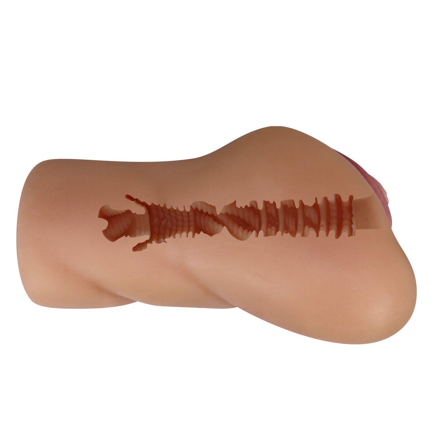 Fleischfarbenes Masturbationsgerät, seitliche Ansicht. Gerippte Innenseite sichtbar. Rosafarbene Öffnung.