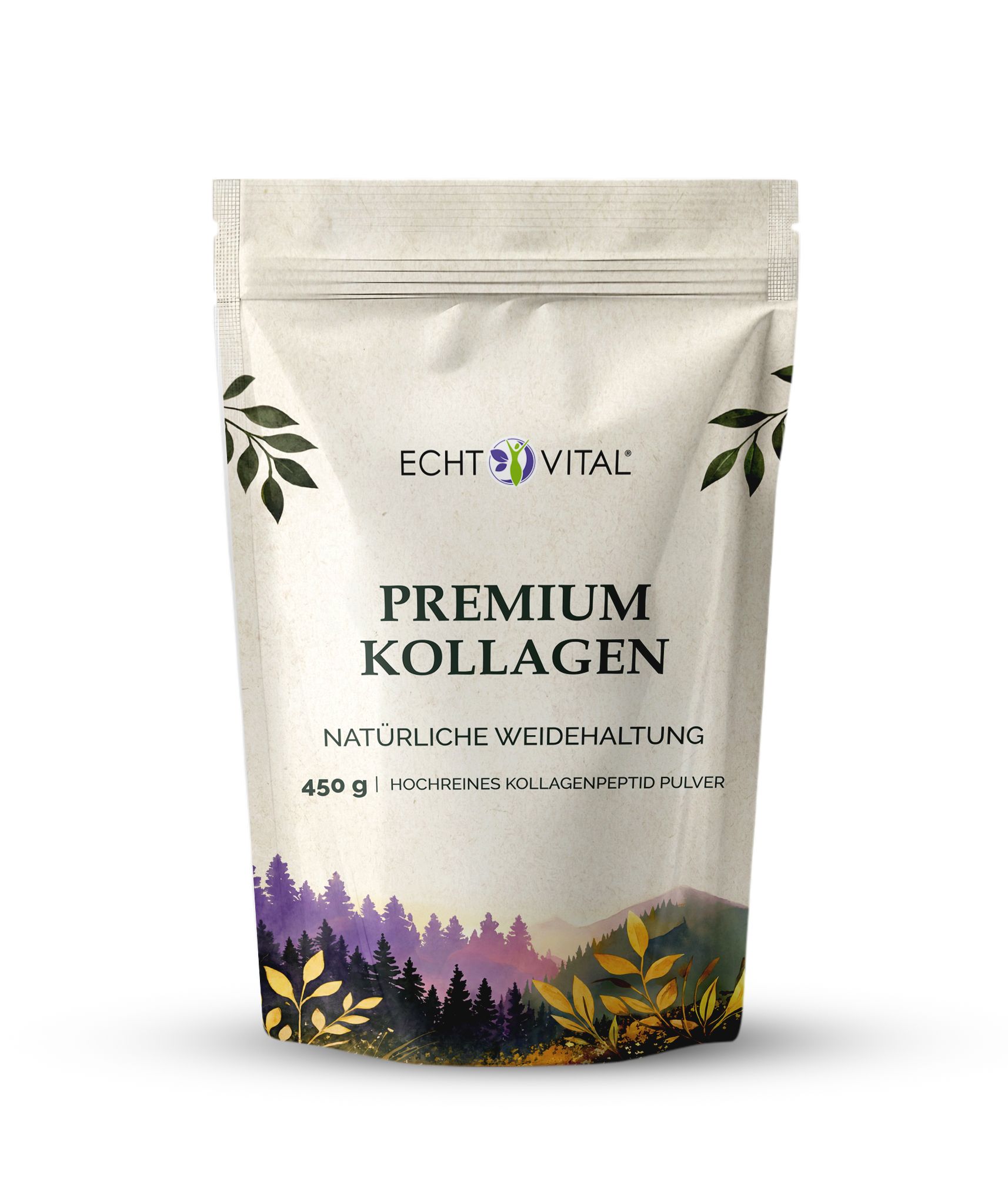 Beutel mit Premium Kollagen. Aufschrift: Echt Vital, Premium Kollagen, natürliche Weidehaltung, 450 g, hochreines Kollagenpeptid Pulver. Abbildung: Wald.
