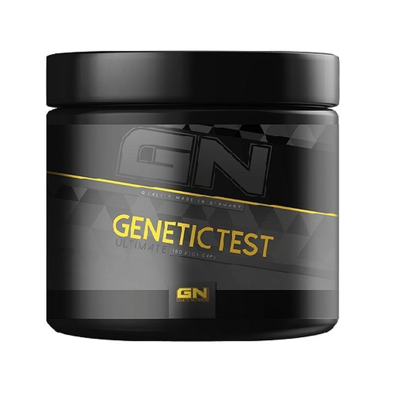 Schwarzer Behälter mit goldfarbenem Schriftzug GENETIC TEST ULTIMATE. Marke GN.
