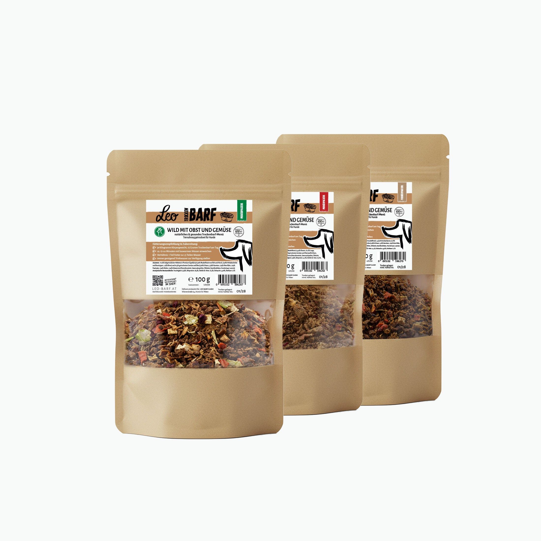 Leo Barf Trockenbarf Probierpaket Mix Rind, Wild, Ente mit Obst und Gemüse