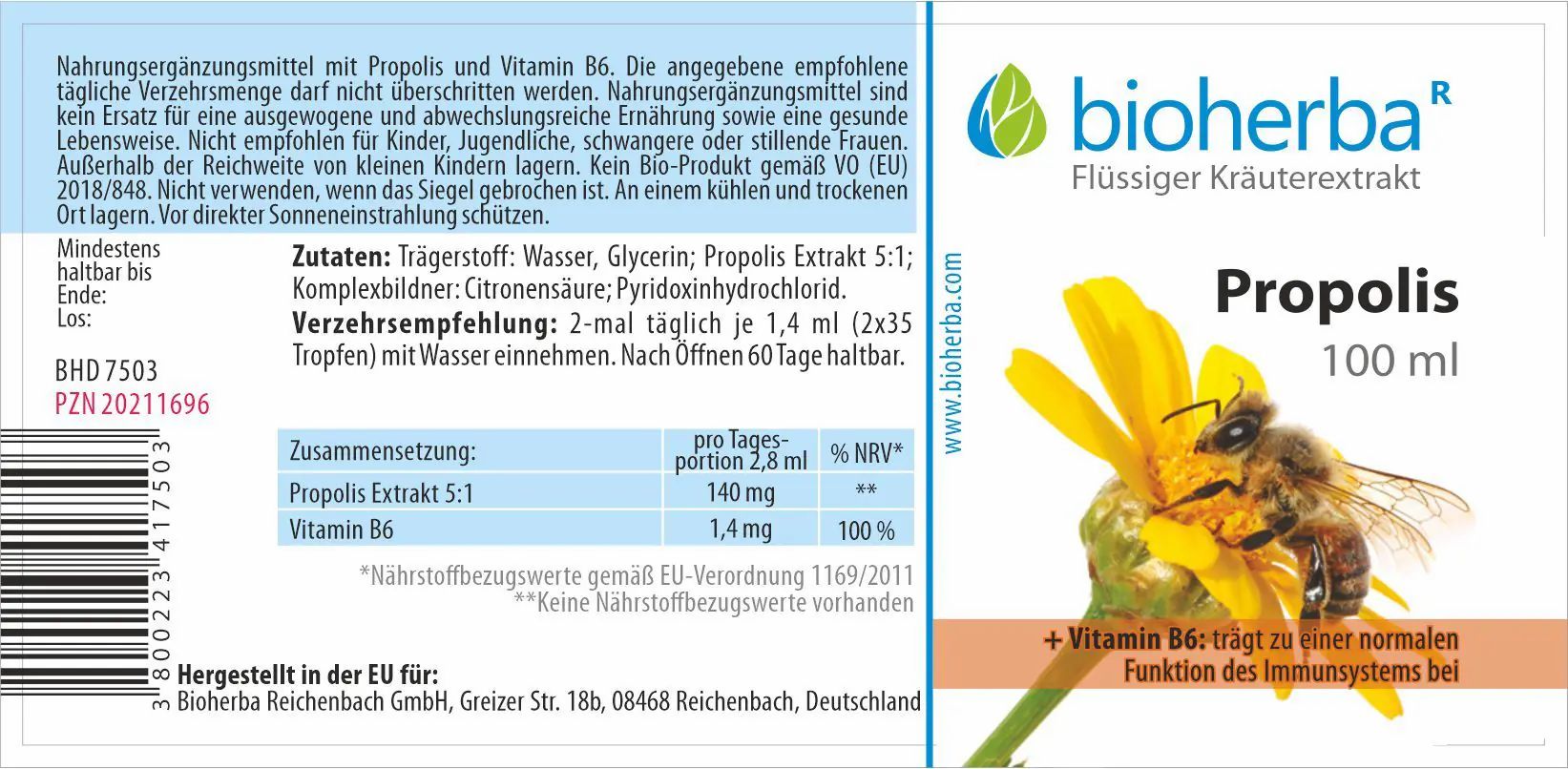 Etikett mit Text. Enthält "bioherba", "Propolis" und Nährwertangaben. Hintergrund: gelbe Blume und Biene.