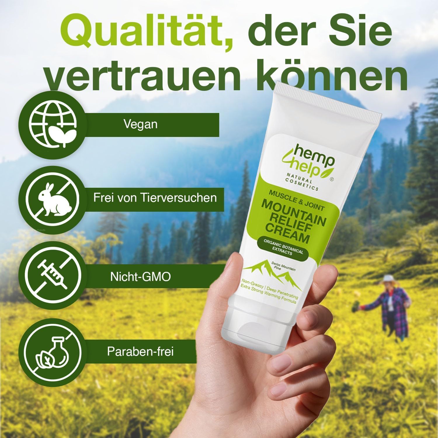Hand hält Tube. Hintergrund: grüne Wiese, Berge. Text: Vegan, tierversuchsfrei, nicht-GMO, parabenfrei.