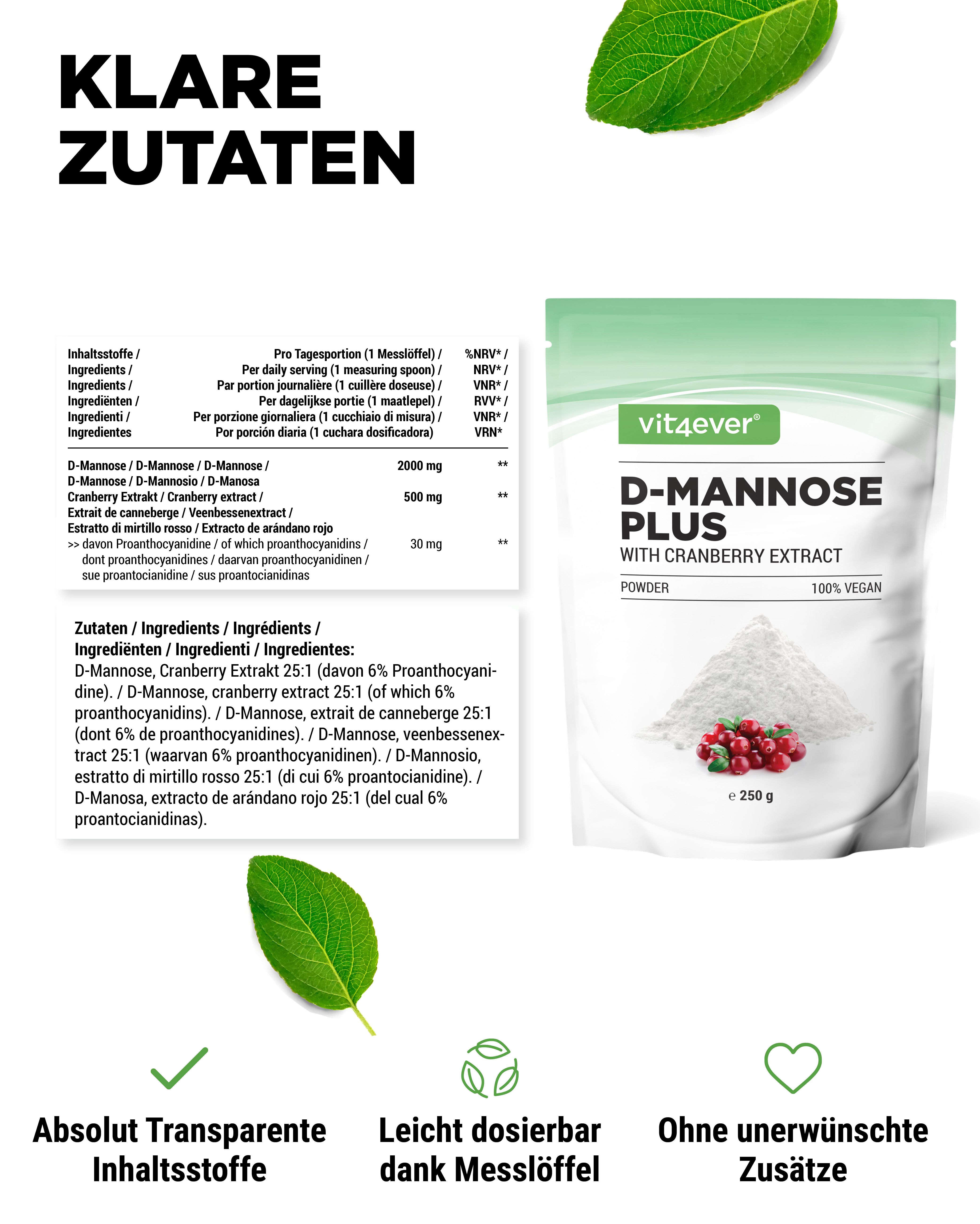 Beutel D-Mannose Plus mit Cranberry-Extrakt. Aufschrift: vit4ever, 100% vegan. Zutatenliste. Enthält Messlöffel. Ohne unerwünschte Zusätze.