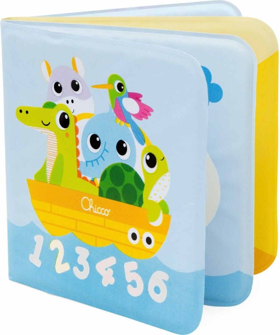 Badebuch mit Tierillustrationen und Zahlen. Gelbe Seiten, blaues Cover mit Boot und Figuren. Marke: Chicco.