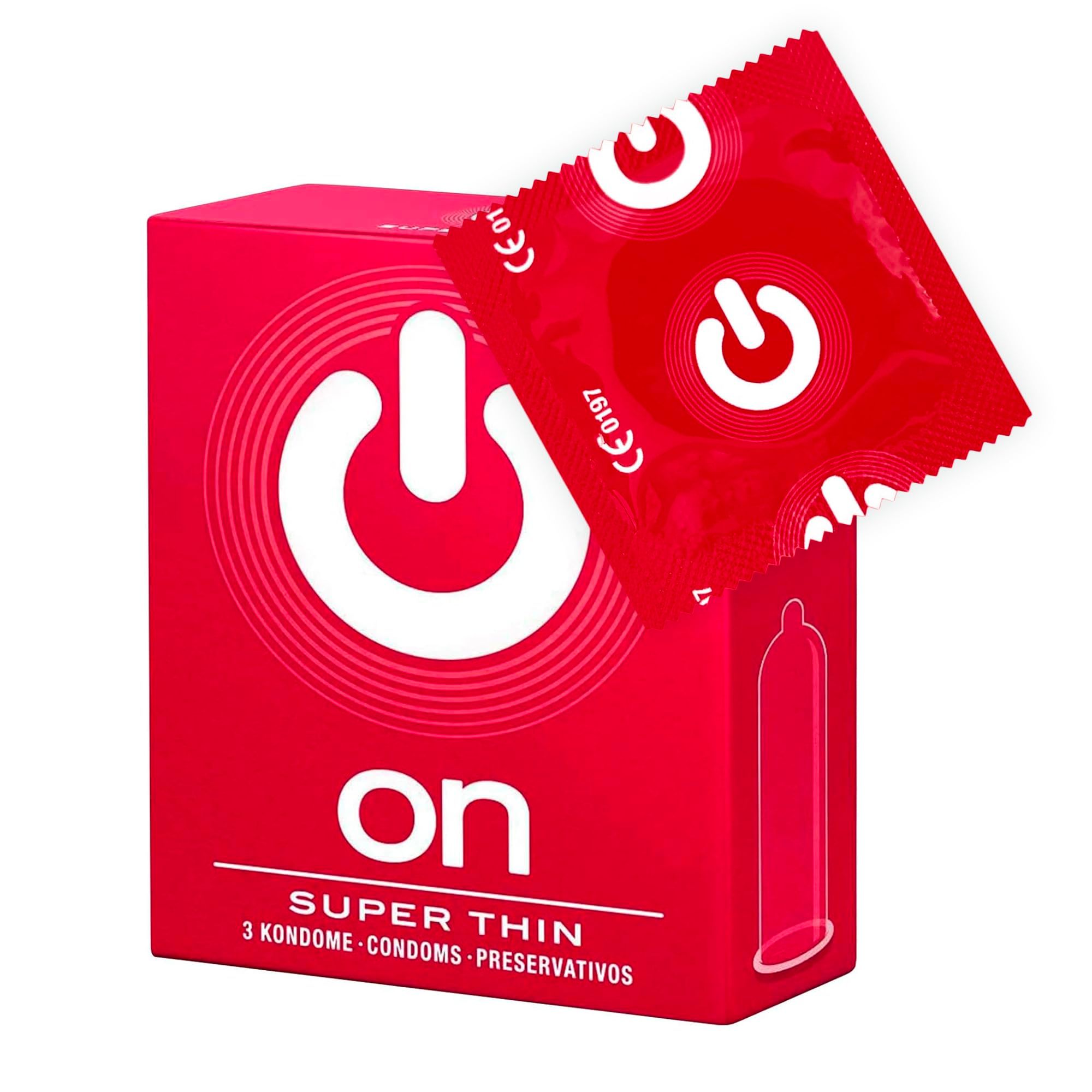 Rote ON Kondom-Packung mit drei Super Thin Kondomen. Zeigt das ON Logo und CE-Siegel.