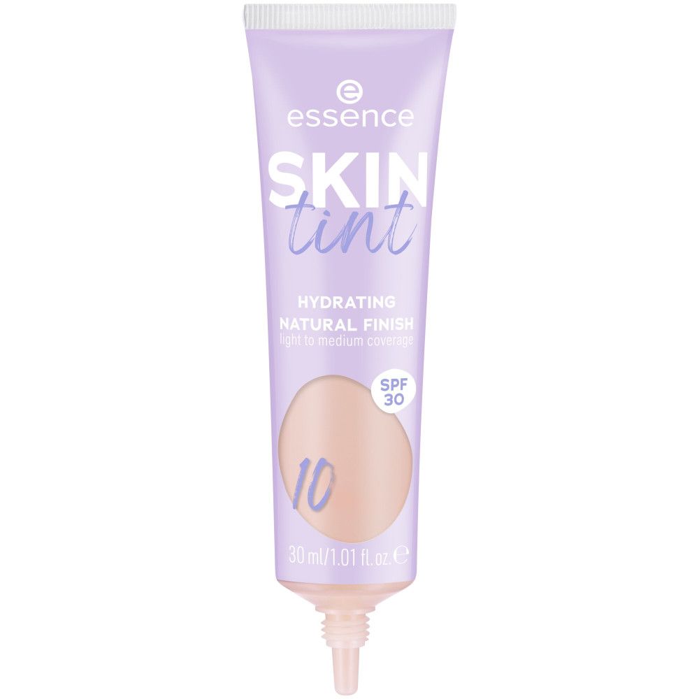Lila Tube mit Essence Skin Tint Foundation. Text: Hydrating Natural Finish, SPF 30, Farbton 10. 30 ml.