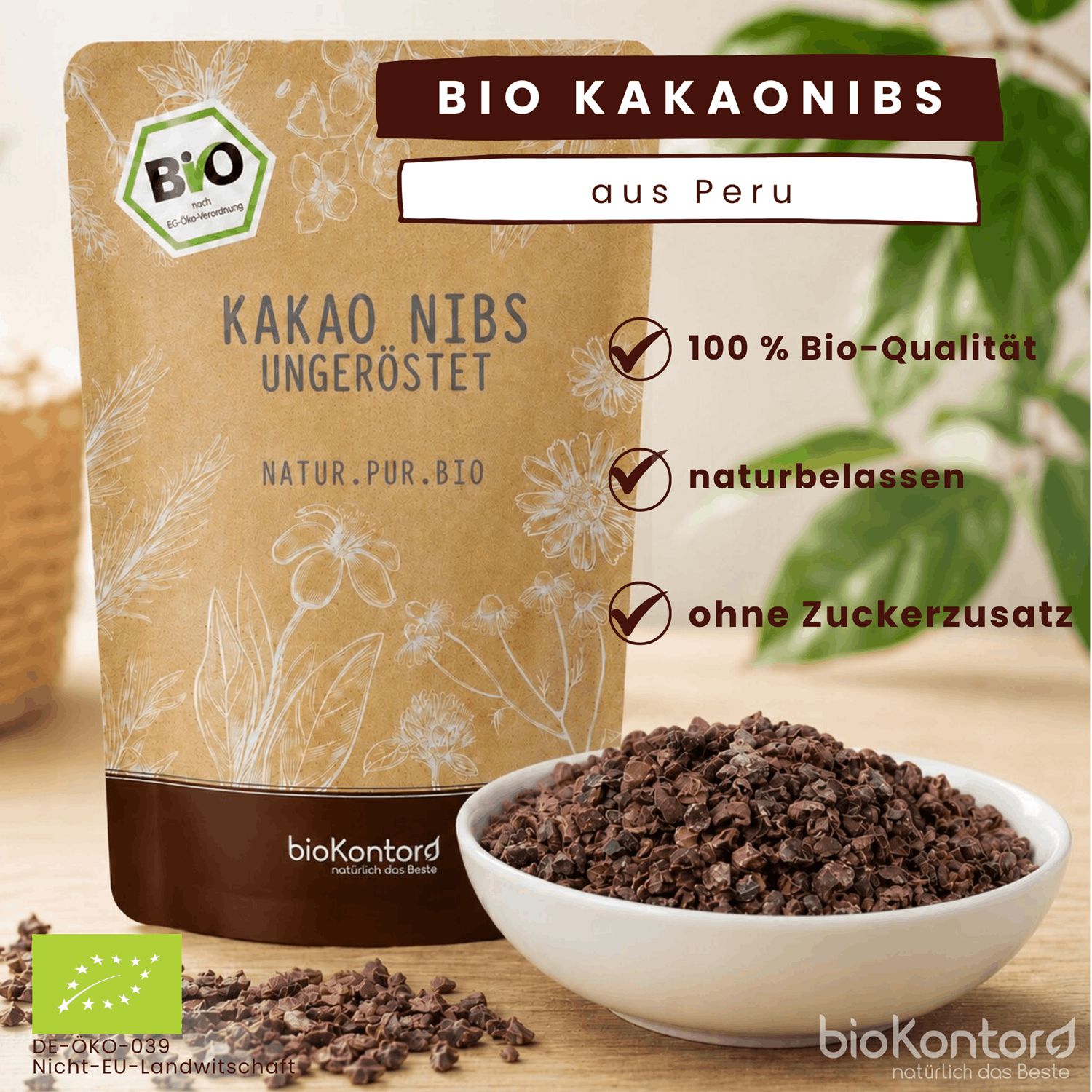 Bio Kakaonibs aus Peru, 100% Bio-Qualität, naturbelassen, ohne Zuckerzusatz.