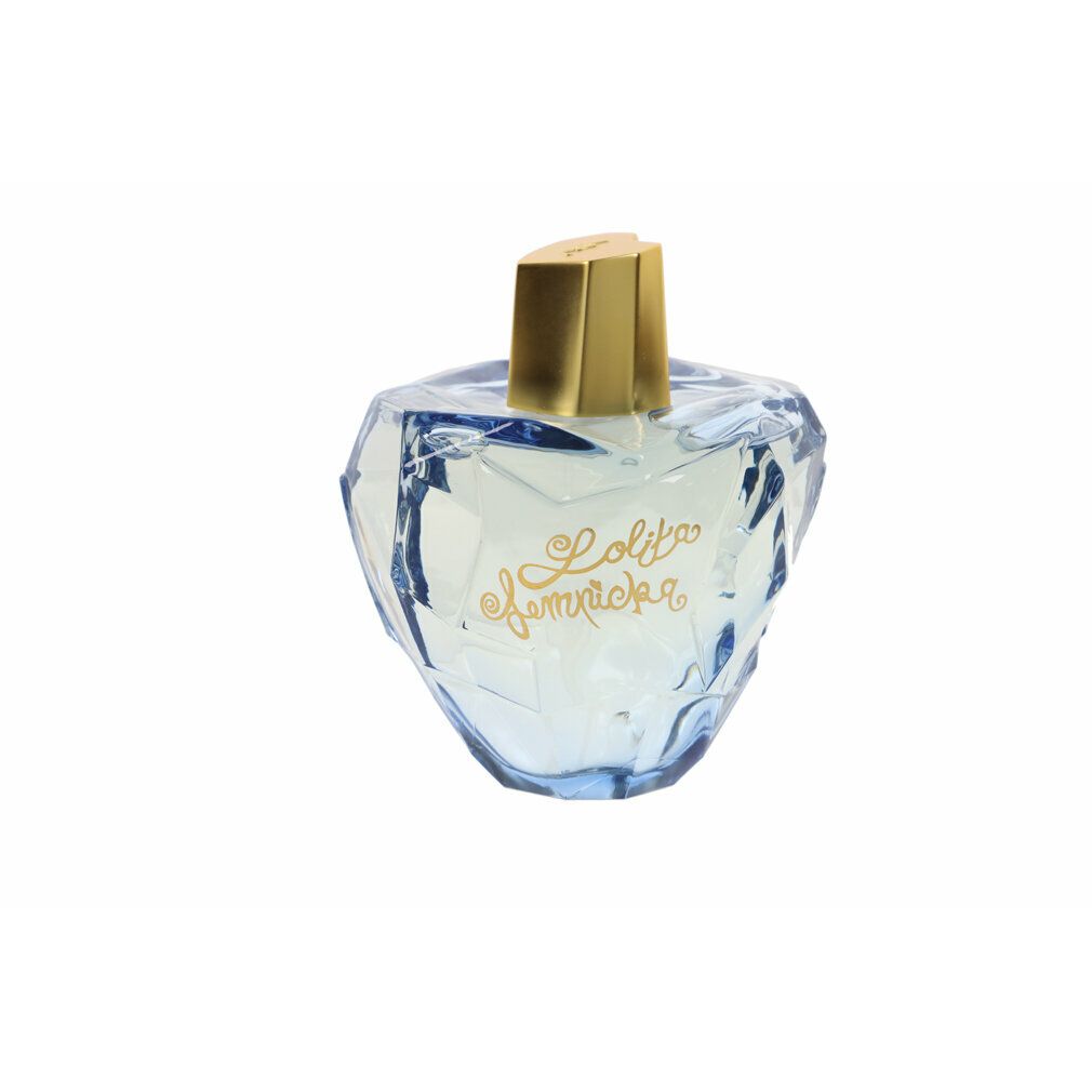 Blauer Parfümflakon mit goldenem Verschluss. Herzförmiger Flakon mit Schriftzug.