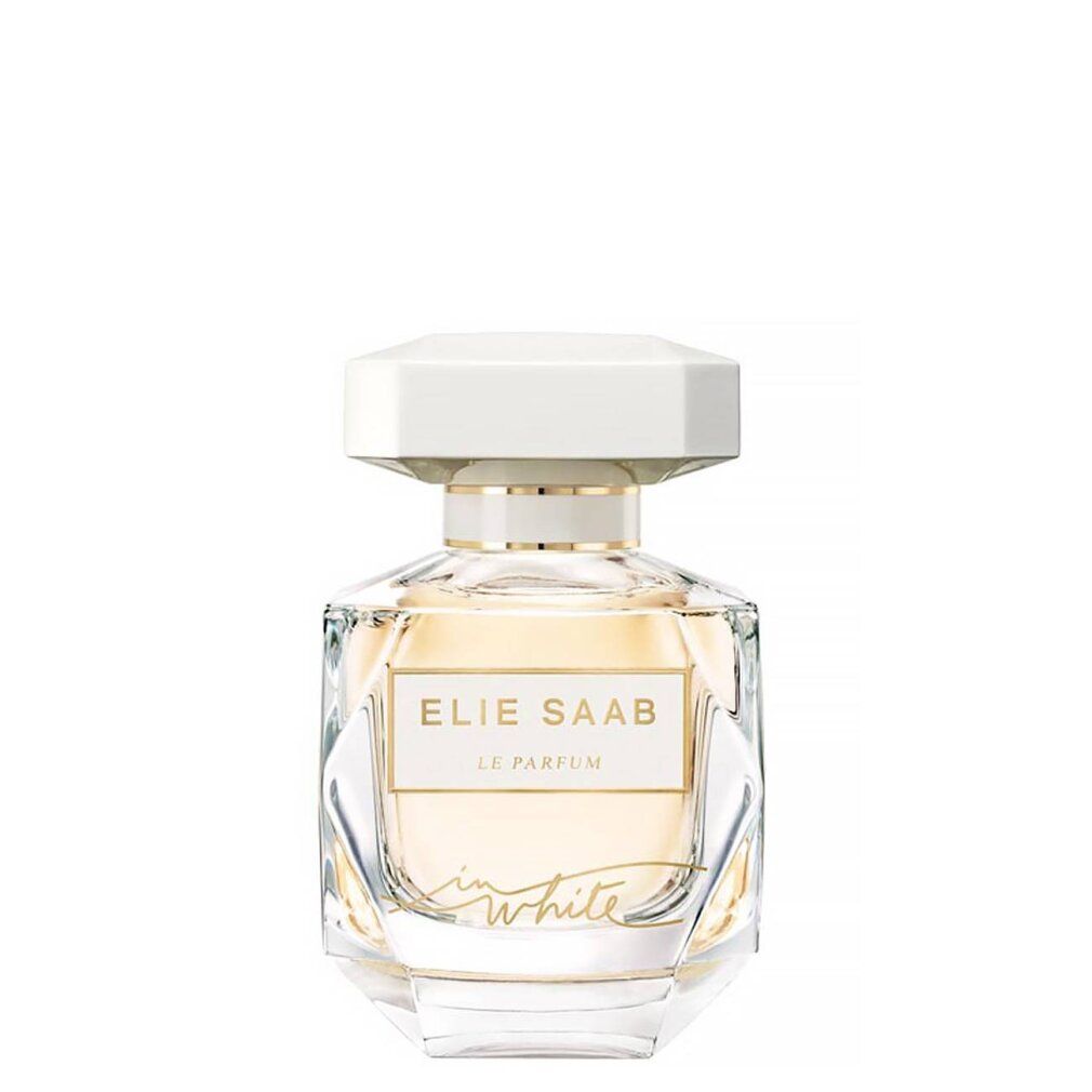 Parfümflakon mit weißem Deckel und goldfarbenen Akzenten. Aufschrift: ELIE SAAB LE PARFUM in white.