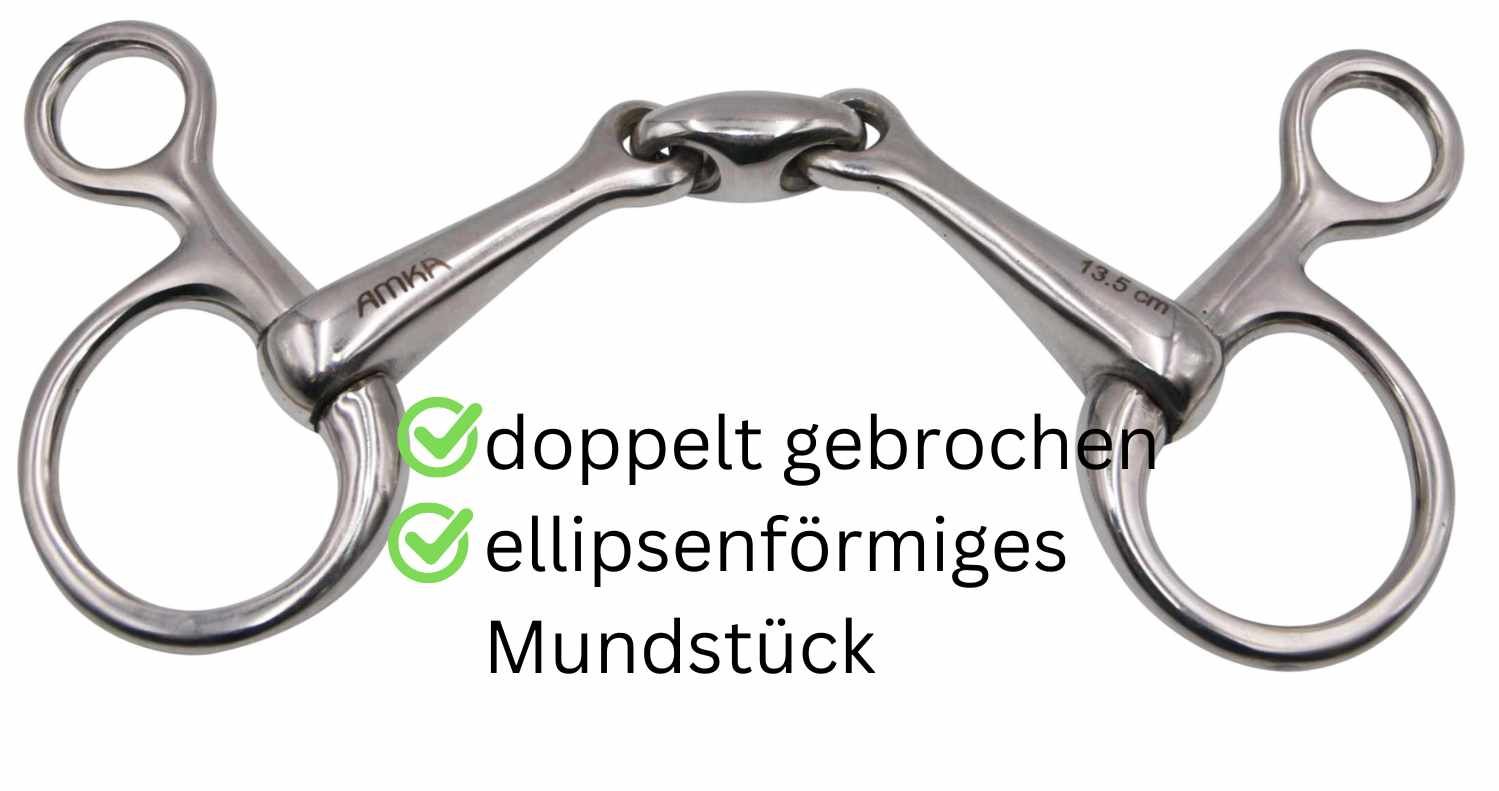 Doppelt gebrochene Trense aus Edelstahl. Ellipsenförmiges Mundstück. AMKA-Logo. 13,5 cm.