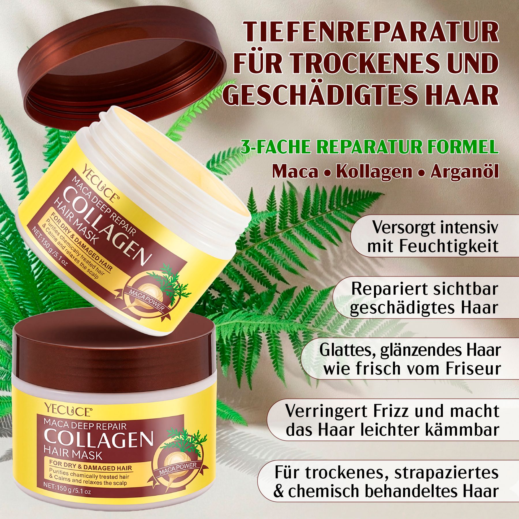 Haarmaske in geöffnetem Tiegel. Gelbes Produkt. Brauner Deckel daneben. Text: MACA DEEP REPAIR COLLAGEN HAIR MASK. Zusätzlicher Text.