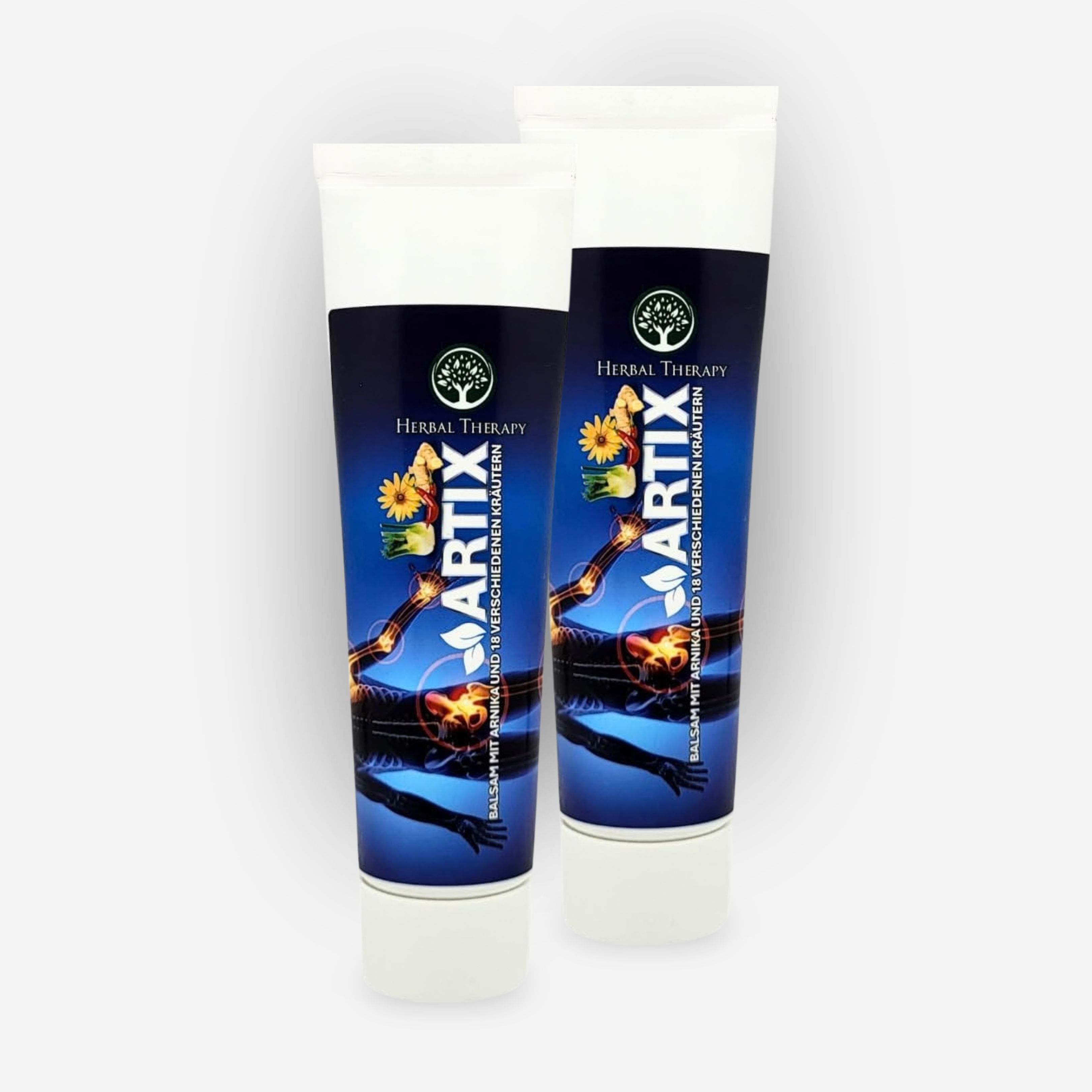 Zwei Tuben des Balsams Artix mit Arnika und 18 Kräutern. Die Verpackung zeigt eine menschliche Figur mit schmerzenden Gelenken.