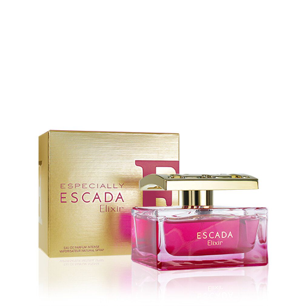 Goldfarbener Karton und Flakon. Flakon mit pinkfarbener Flüssigkeit. Aufschrift: ESCADA Elixir. Eau de Parfum Intense.