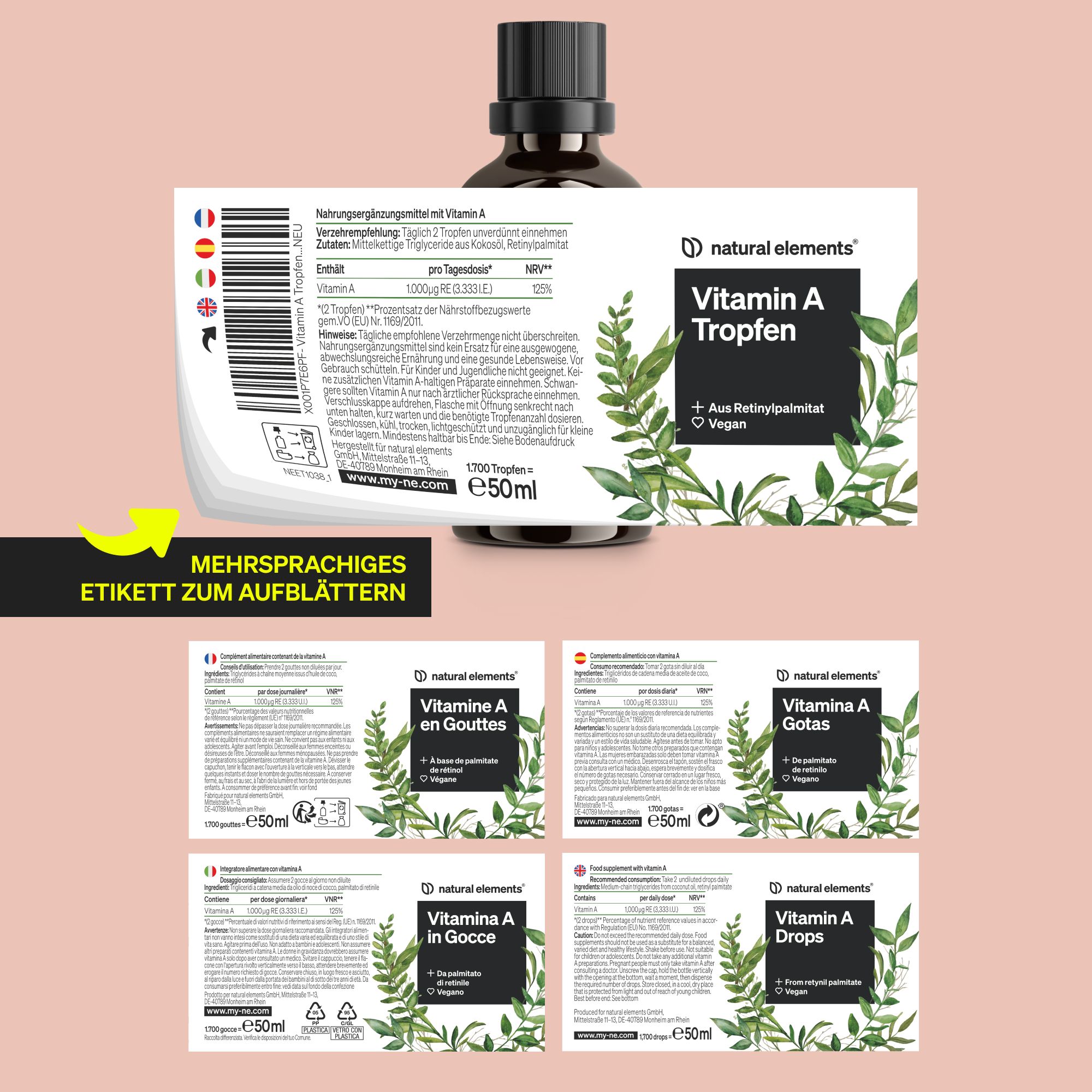 Produktflasche mit abziehbaren Etikett. Mehrsprachige Informationen. Etiketten in Deutsch, Französisch, Italienisch und Niederländisch.