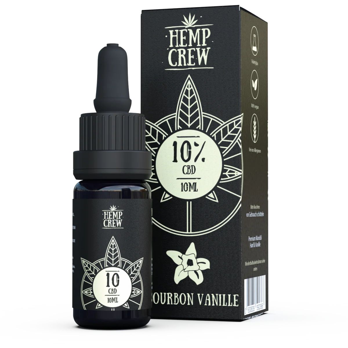 Braune Flasche und Schachtel. Flasche mit Tropfer, Text: Hemp Crew, 10% CBD, 10ml, Bourbon Vanille. Schachtel mit Text und Logo.