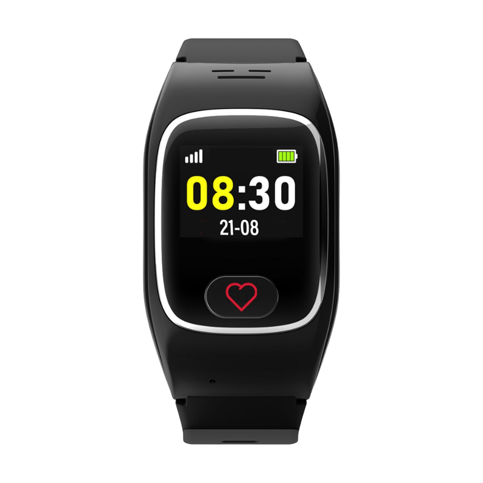 Schwarze Smartwatch mit Herzsymbol und Zeit 08:30.