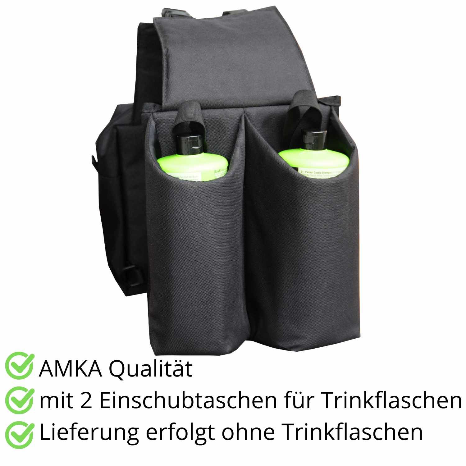 Schwarze Satteltasche mit zwei Einschubtaschen für Trinkflaschen. AMKA Qualität.