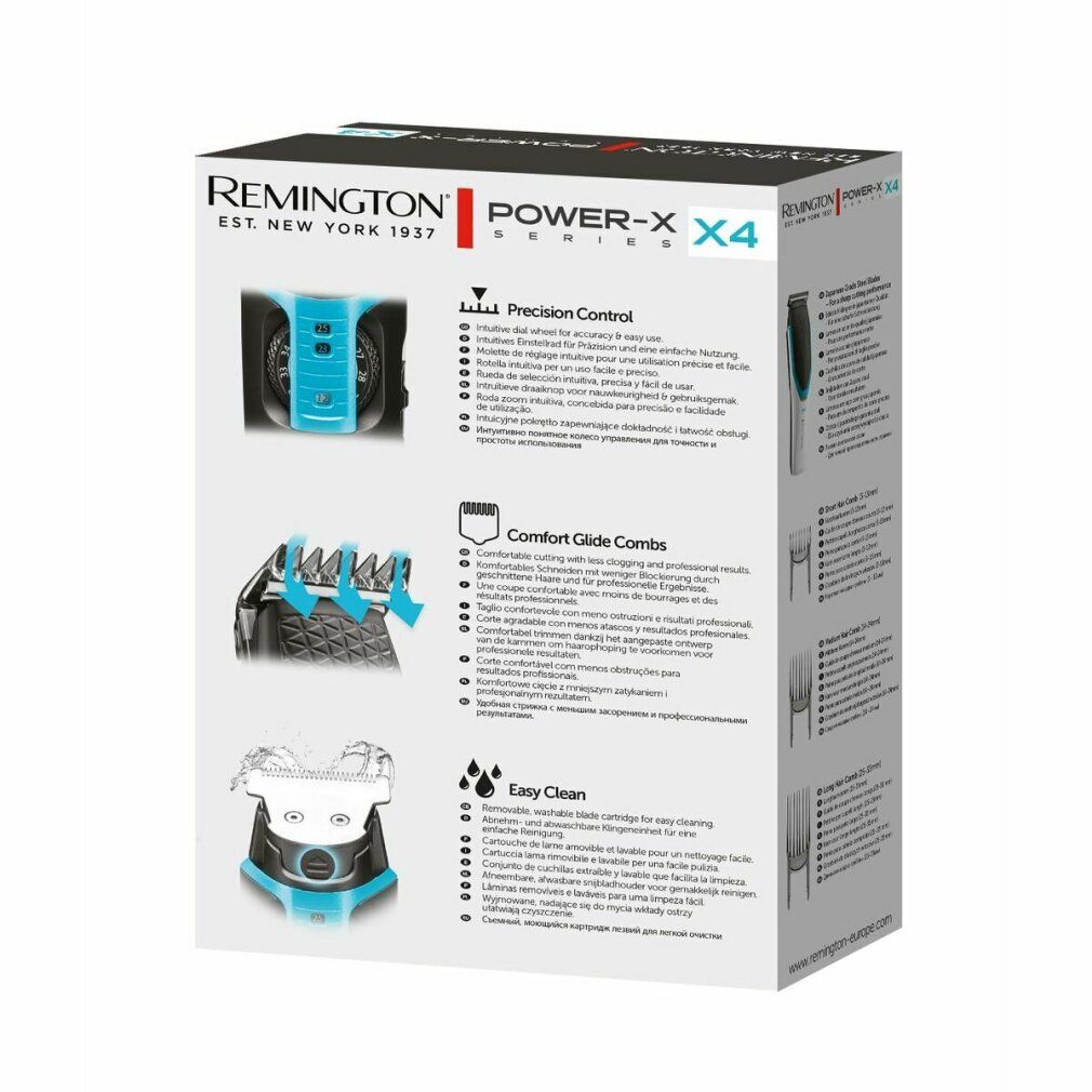 Verpackung des Haarschneiders. Auf der Rückseite sind Produktmerkmale und -details abgebildet. Marke: Remington, Modell: X4.