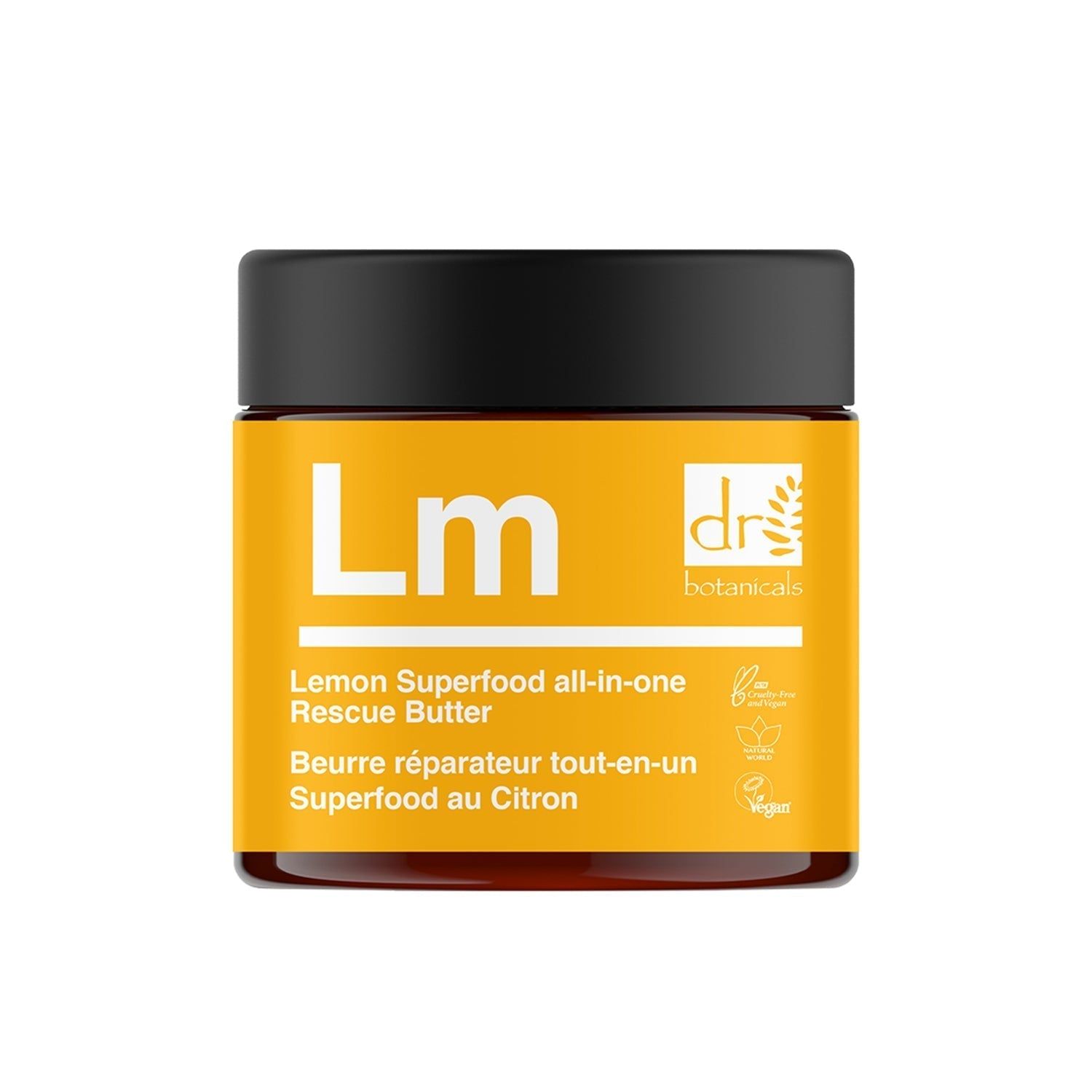 Gelber Tiegel mit "Lm" und "dr botanicals". Text: Lemon Superfood all-in-one Rescue Butter. Beurre réparateur tout-en-un.