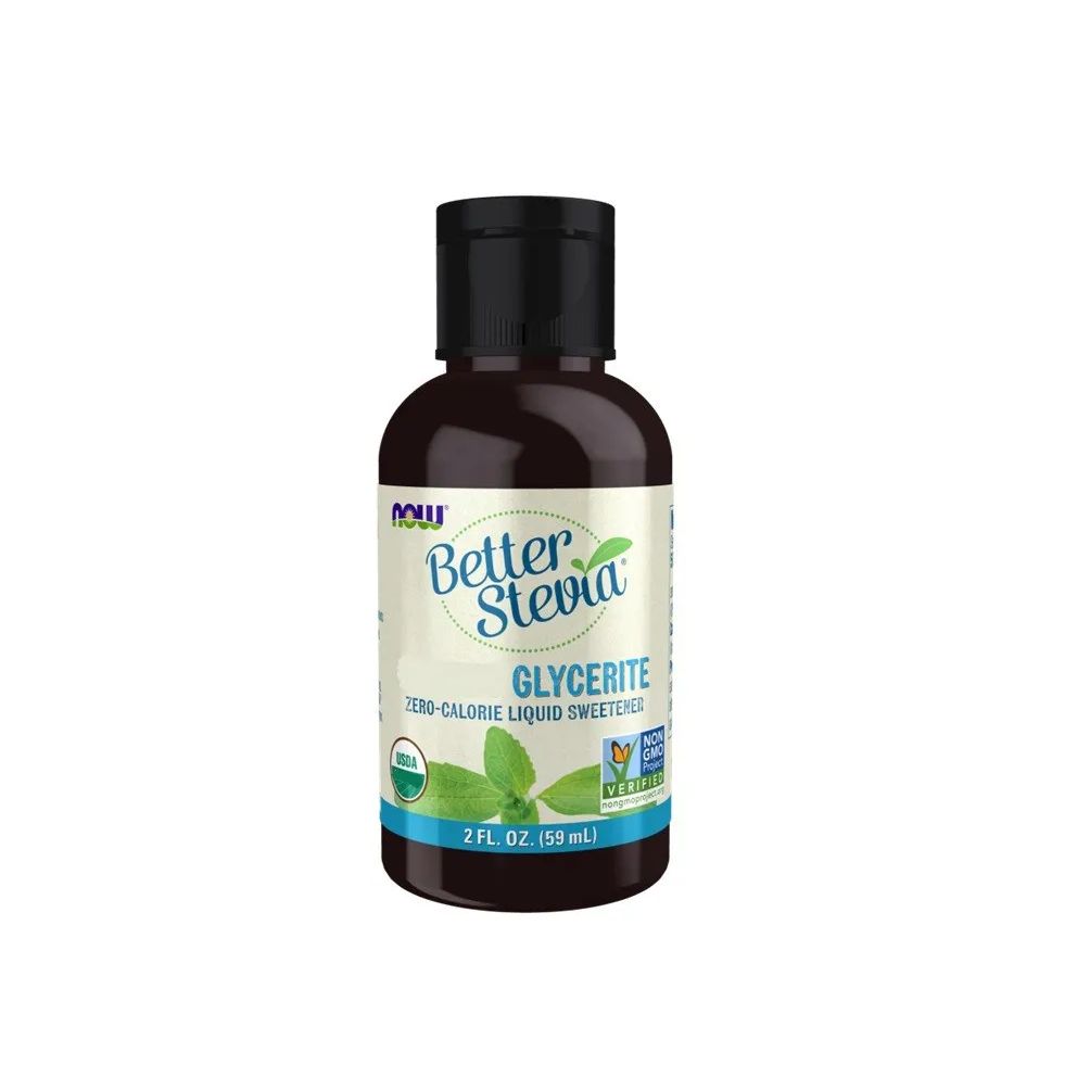 Braune Flasche mit schwarzem Deckel. Aufschrift Better Stevia Glycerite, 2 fl oz. Zero-Calorie Liquid Sweetener. Mit Bio-Siegel.