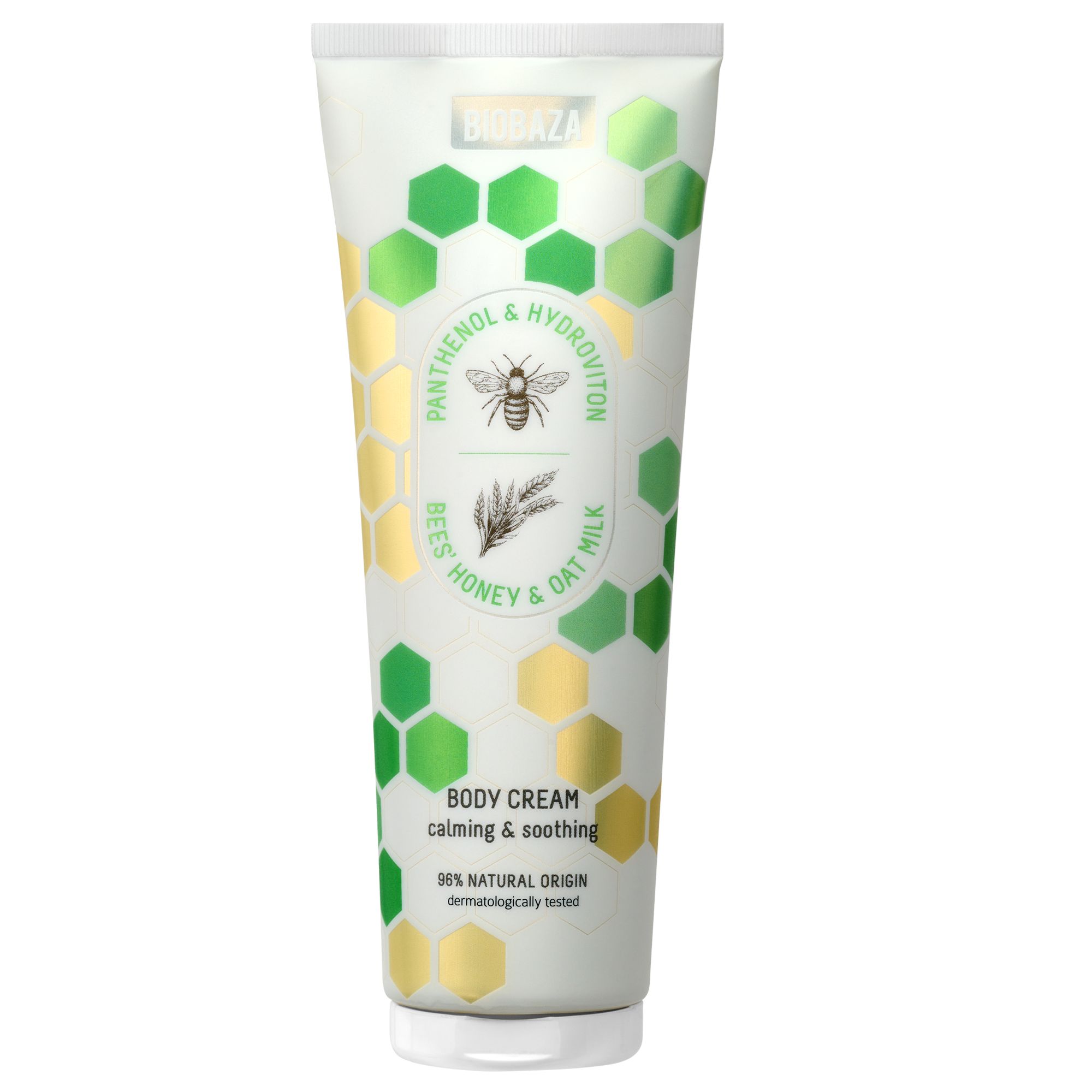 Creme-Tube mit Bienen- und Wabenmuster. Text: BODY CREAM, beruhigend & pflegend, 95% natürlichen Ursprungs. Marke: Biobaza.
