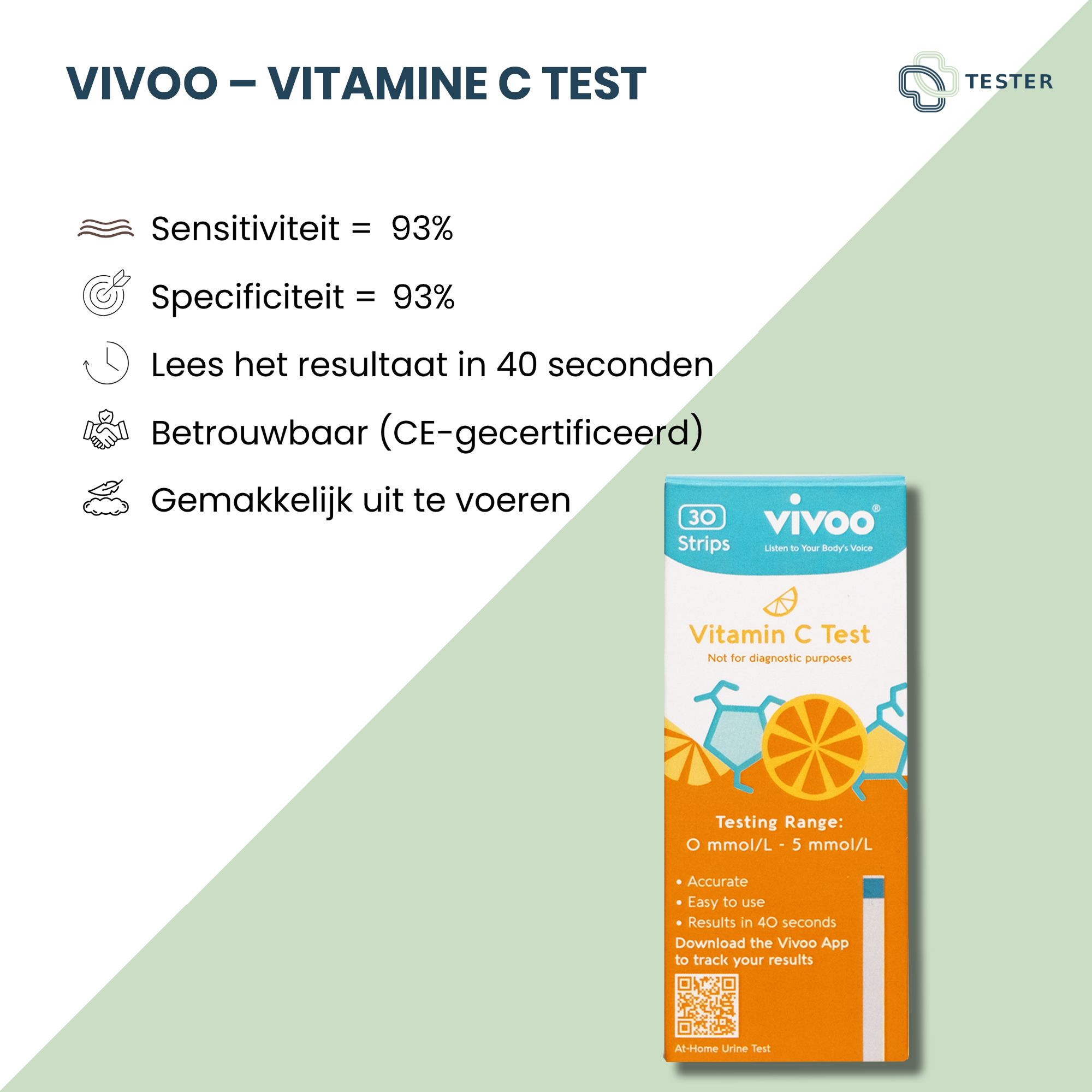 Vivoo Vitamin C Test. Packung mit 30 Teststreifen. Produktinformationen und Tester-Logo. Text: Ergebnisse in 40 Sekunden.