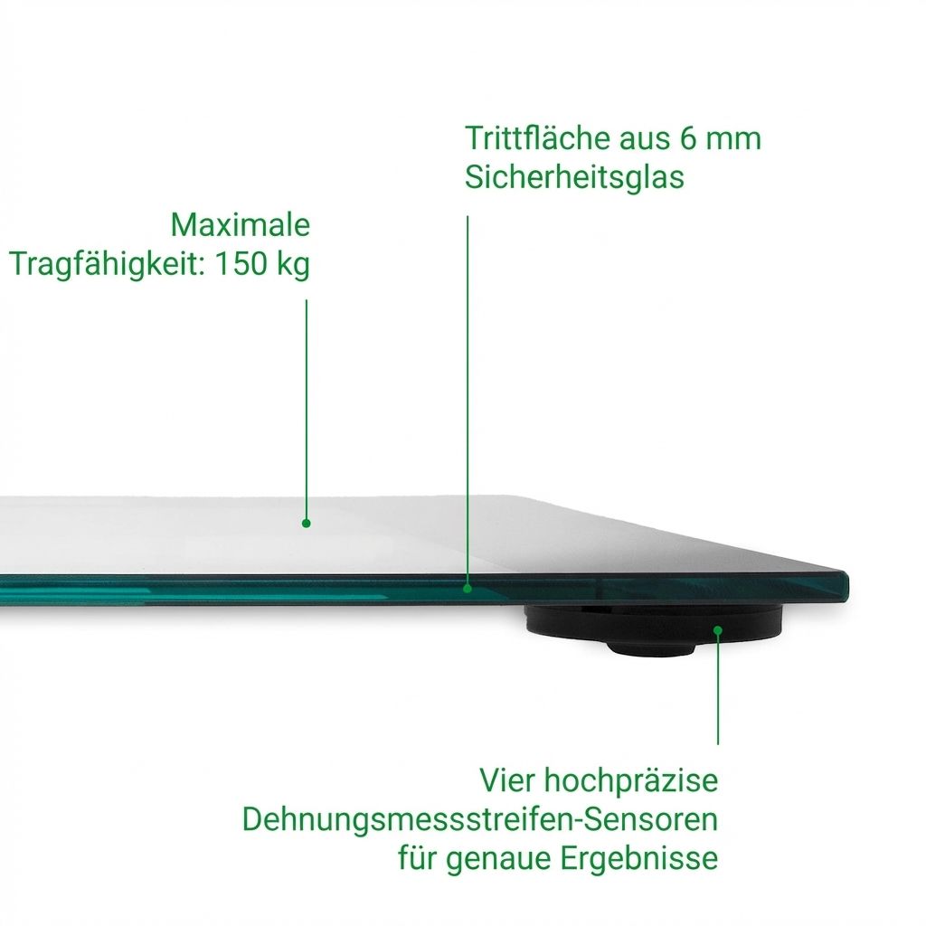 Detailansicht einer Glaswaage: 6mm Sicherheitsglas, 150kg Tragkraft, 4 Sensoren.