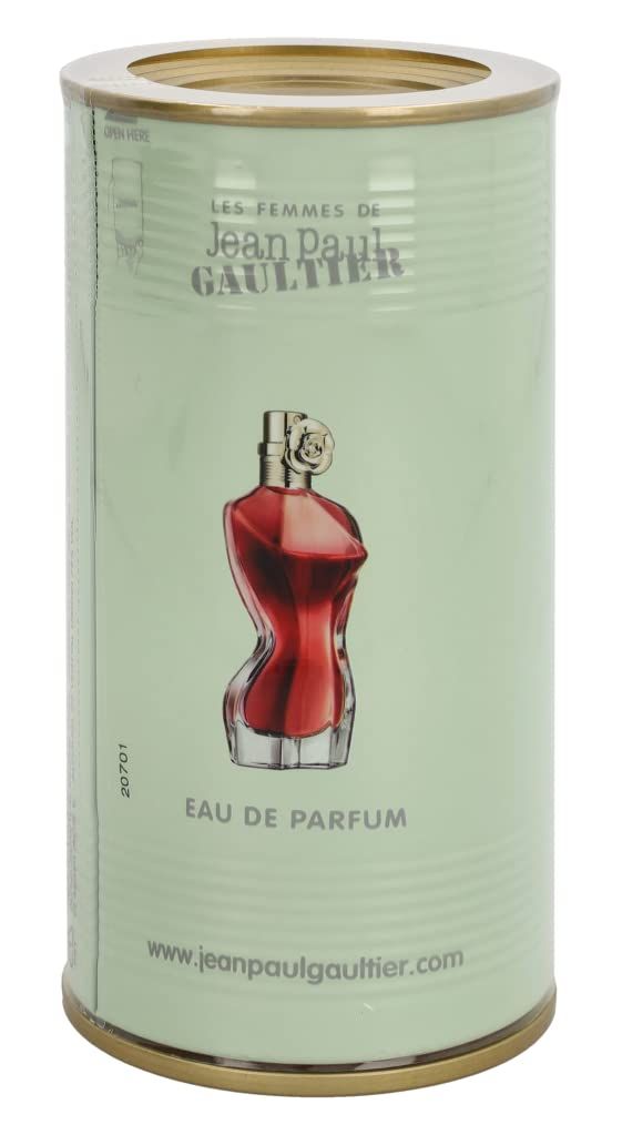Grüne Dose mit Flakon-Abbildung. Aufschrift: Eau de Parfum. Website-Adresse. Flakon in Frauenkörperform.