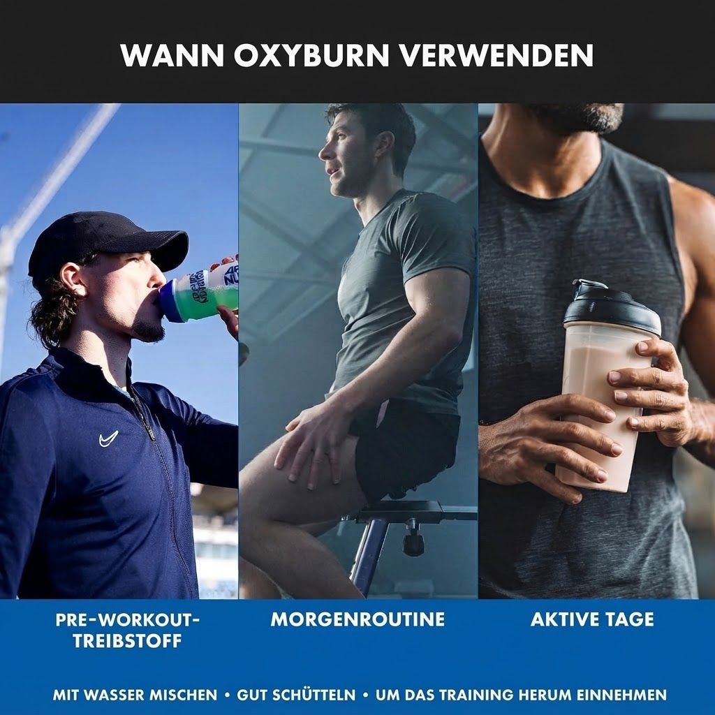 Rückseite eines blauen Behälters "Oxyburn" mit Nährwertangaben und Inhaltsstoffen.