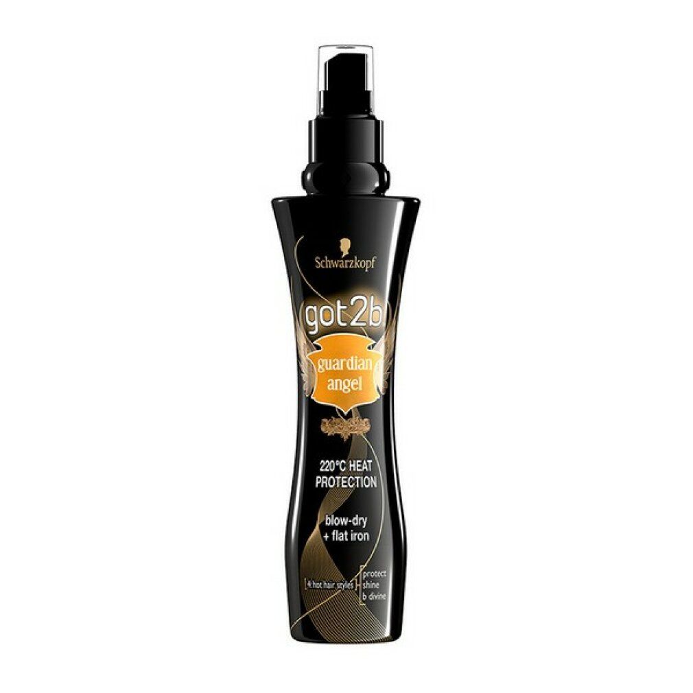 Schwarzkopf got2b Guardian Angel Hitzeschutzspray. Schwarze Flasche mit Sprühkopf. Text: 220°C Hitzeschutz, blow-dry + flat iron.