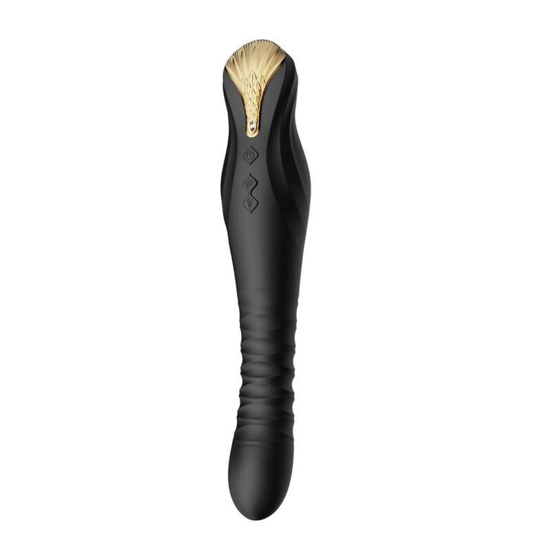 Schwarzer Vibrator mit goldfarbenem Kopf. Zwei Knöpfe und Symbole sind sichtbar.