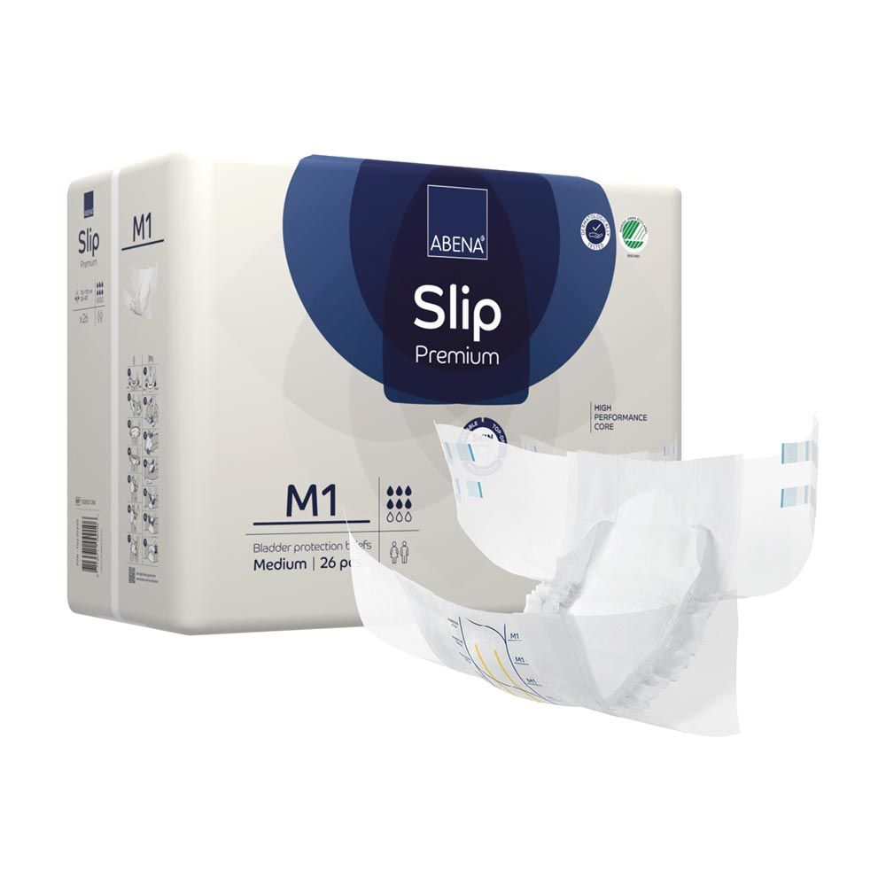 ABENA Slip Premium M1, Packung mit Produktbezeichnung und Logo. Medium Größe. Geöffnete Windel daneben.