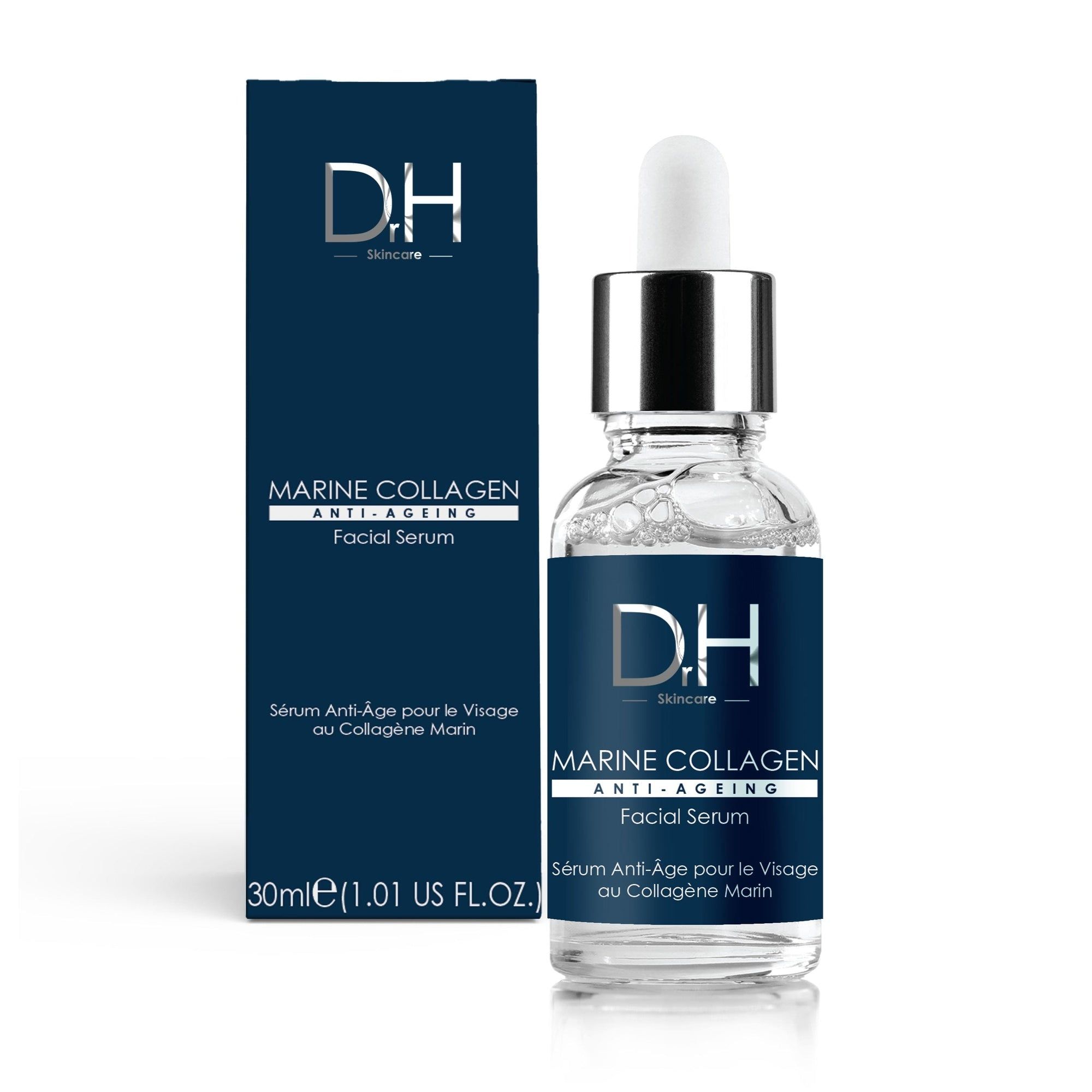 Marine Collagen Anti-Aging Gesichtsserum in Flasche und Verpackung. Blaue Etiketten mit Produktinformationen. 30ml.
