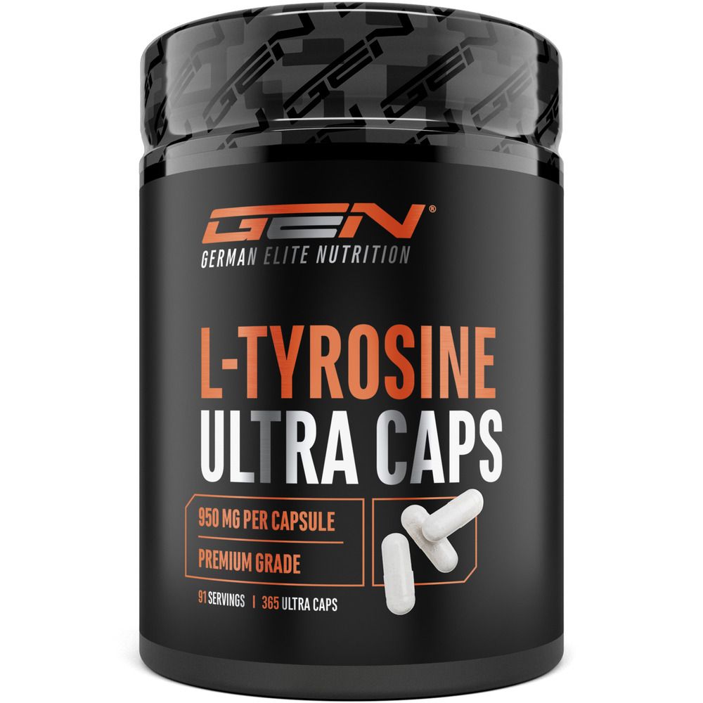 Schwarze Dose mit GEN L-Tyrosin Ultra Caps. Weiße Kapseln liegen daneben. Aufschrift: 950 mg pro Kapsel, Premium Grade.