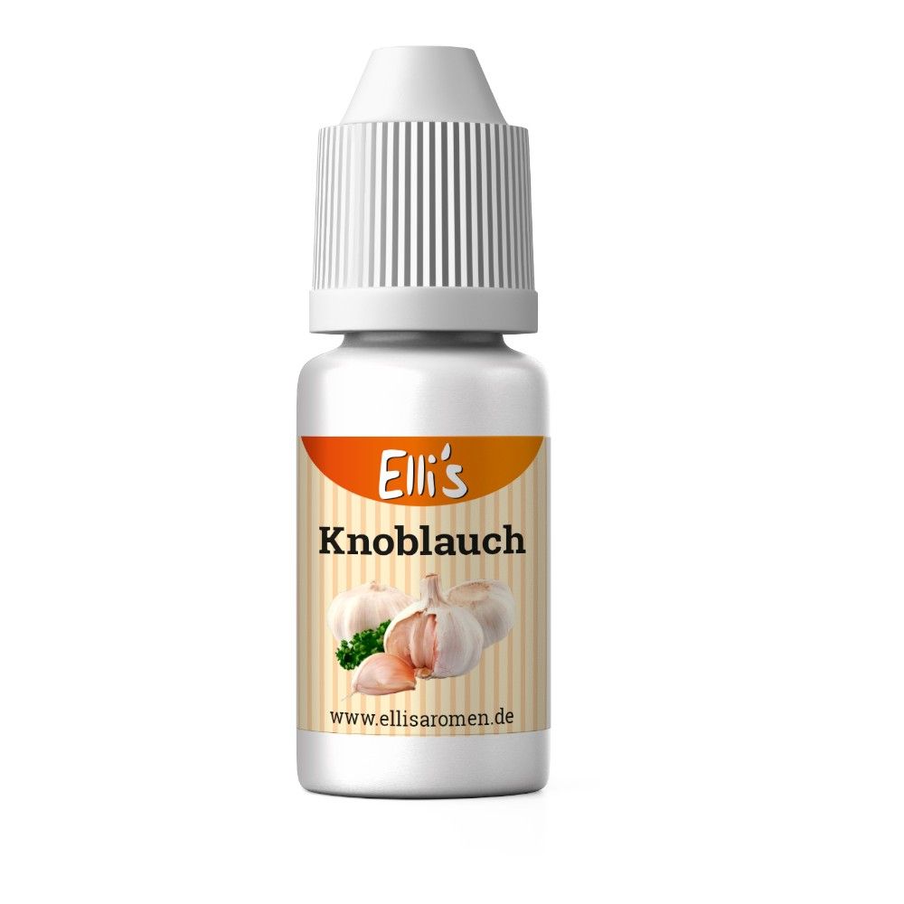 Fläschchen mit weißem Deckel. Etikett mit Produktname 'Knoblauch' und Knoblauch-Illustration. Marke: Elli's.
