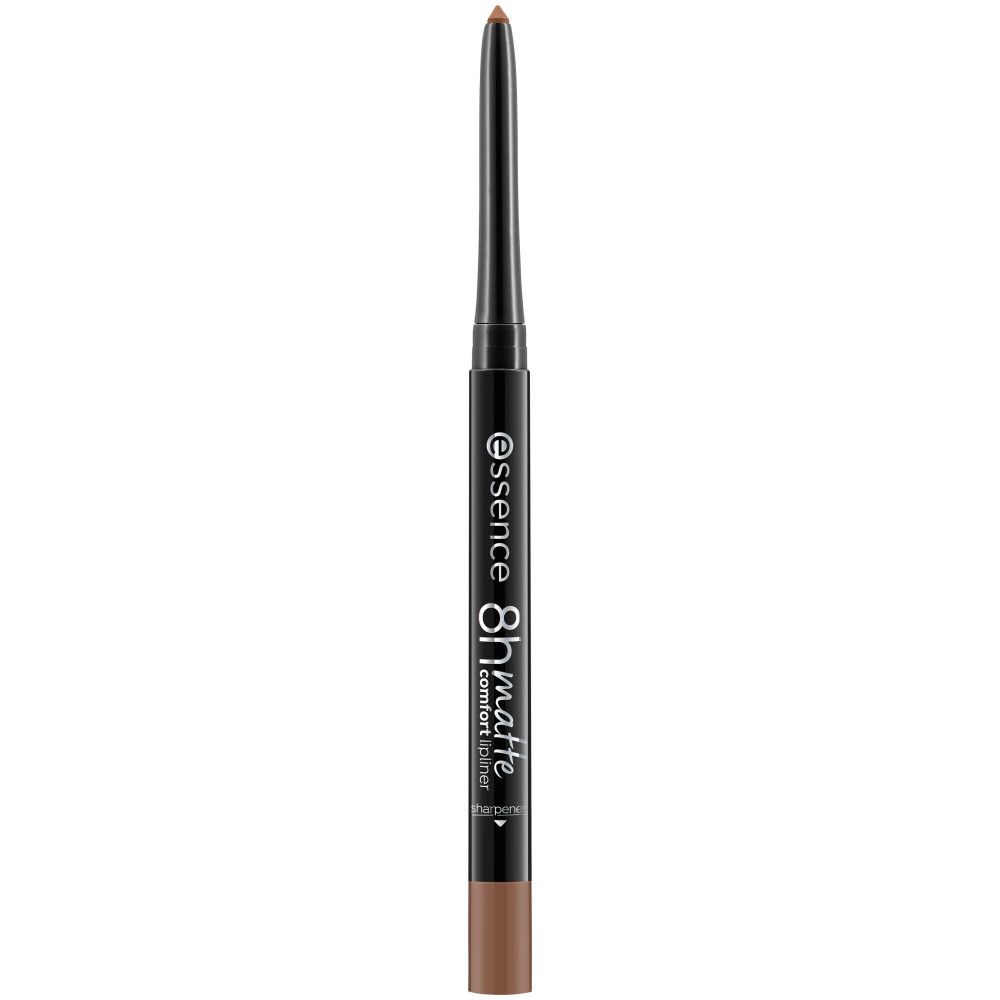 Brauner Lippenstiftstift mit schwarzem Gehäuse. Aufschrift: essence 8h matte comfort liner.