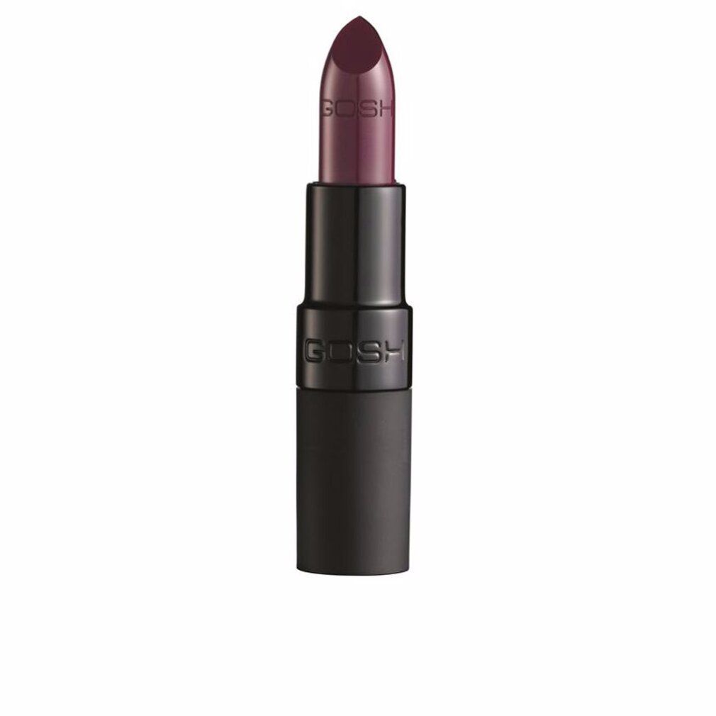 Dunkelroter Lippenstift in schwarzer Hülse. Der Schriftzug "GOSH" ist auf dem Gehäuse zu sehen.
