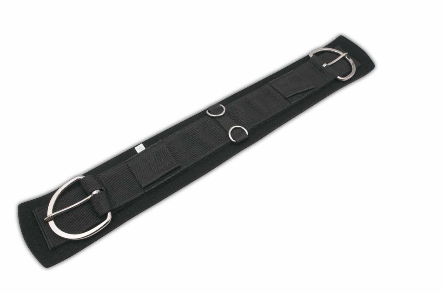 Schwarzer Sattelgurt mit Metallschnallen.