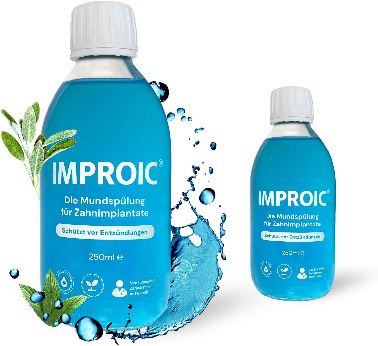 Zwei Flaschen IMPROIC Mundspülung. Blaue Flüssigkeit, weißer Verschluss. Aufschrift: Mundspülung für Zahnimplantate. 250ml. Mit Wasser- und Pflanzen-Illustrationen.