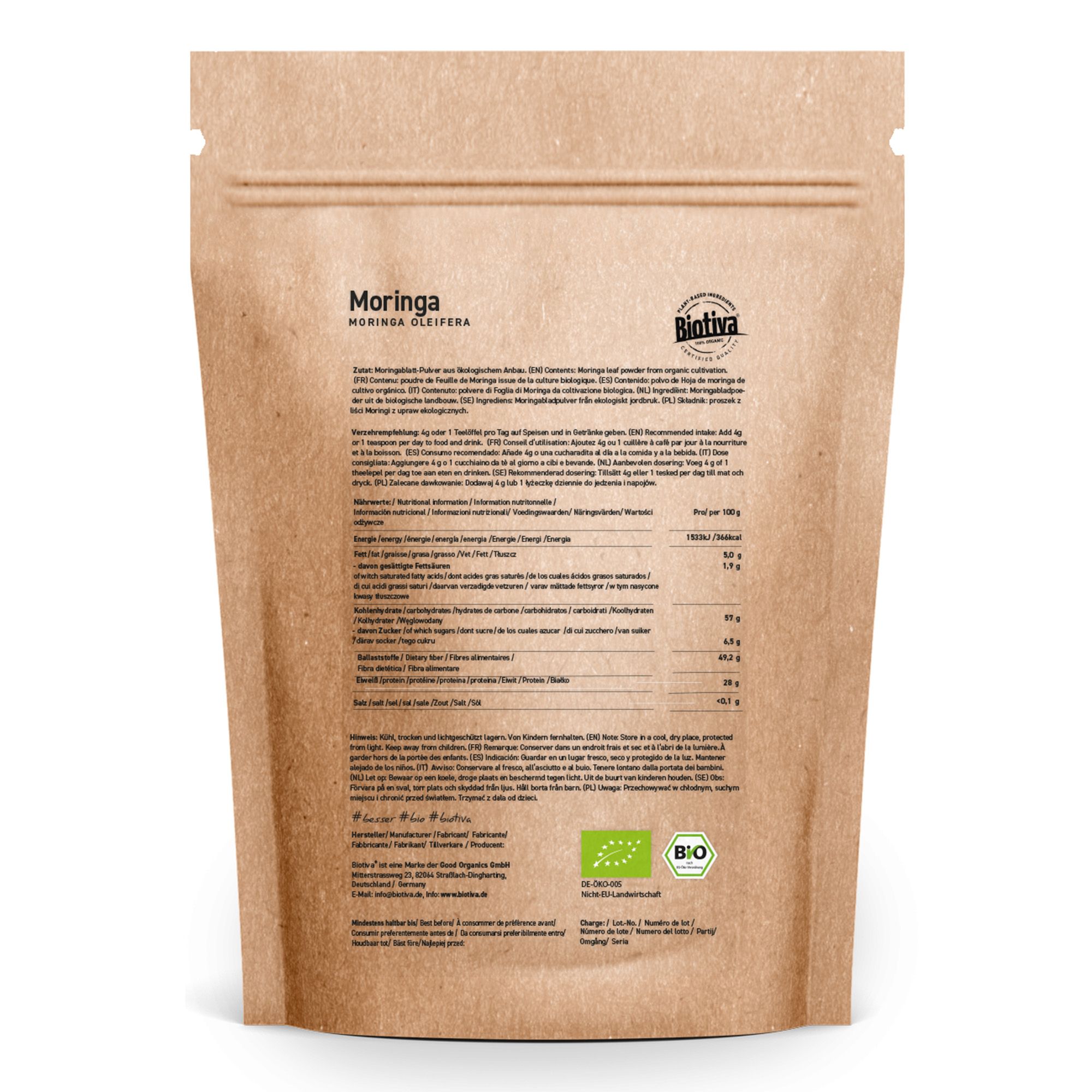 Rückseite der Biotiva Moringa Pulver Verpackung. Text, Nährwertangaben, Bio-Siegel.