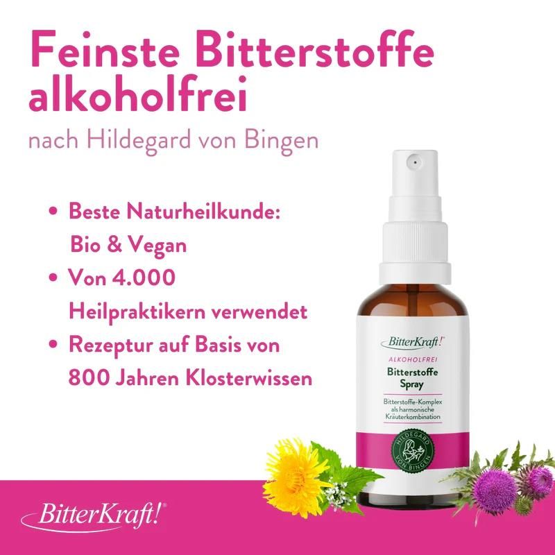 Produktflasche neben Text. Text: Feine Bitterstoffe alkoholfrei. Bio & Vegan. Rezeptur auf Basis von Klosterwissen.