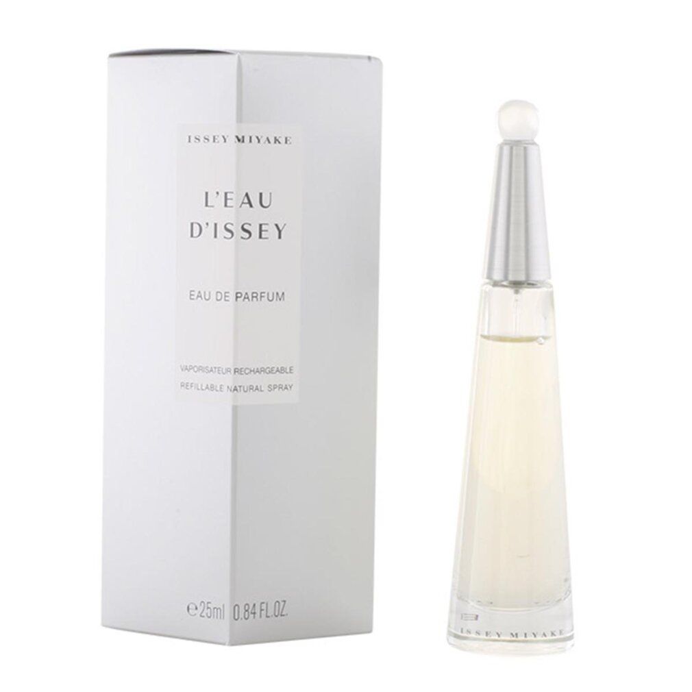 Parfümflasche und weiße Verpackung. Aufschrift: Issey Miyake, L'Eau d'Issey, Eau de Parfum. Unten: 25ml 0.84 FL.OZ.
