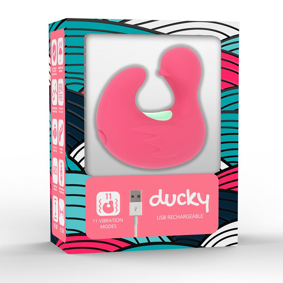Verpackung des pinken Enten-Stimulators. Zeigt das Produkt, 'ducky' Logo und 'USB RECHARGEABLE'.