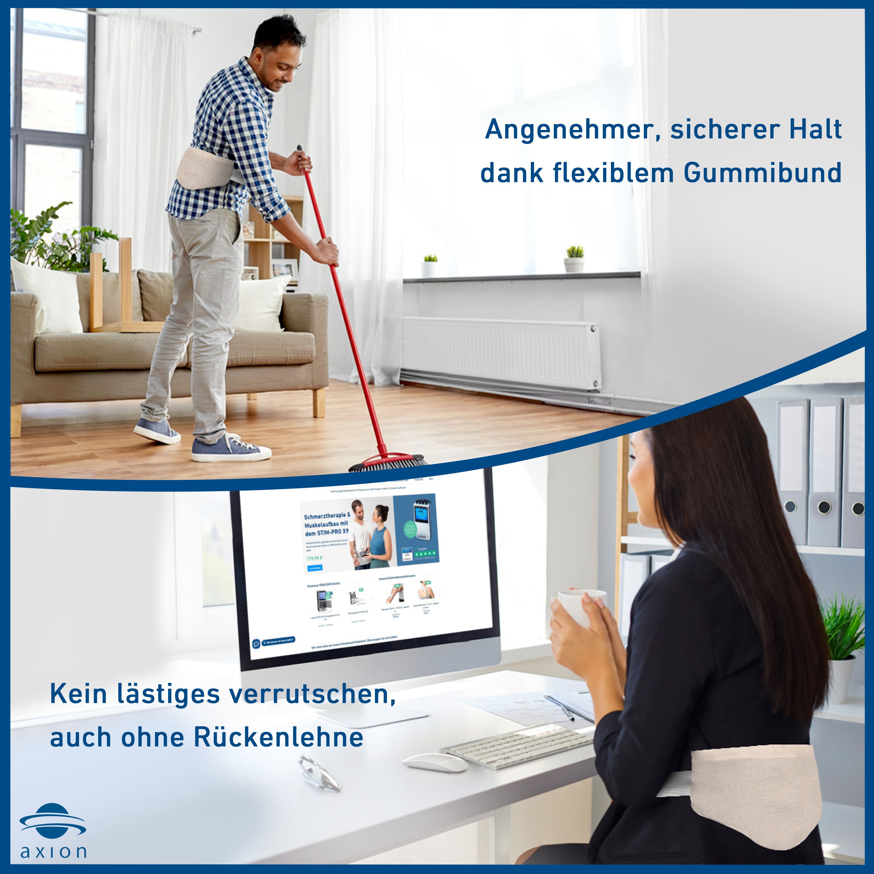 Mann und Frau mit Wärmekissen. Flexibler Gummibund. axion® Logo.