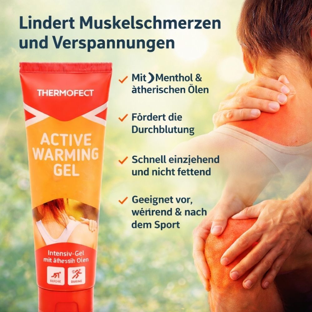 Orange Tube mit roter Kappe. "THERMOFECT" und "ACTIVE WARMING GEL" Schriftzug. Text: Lindert Muskelschmerzen. Mit Menthol & ätherischen Ölen.
